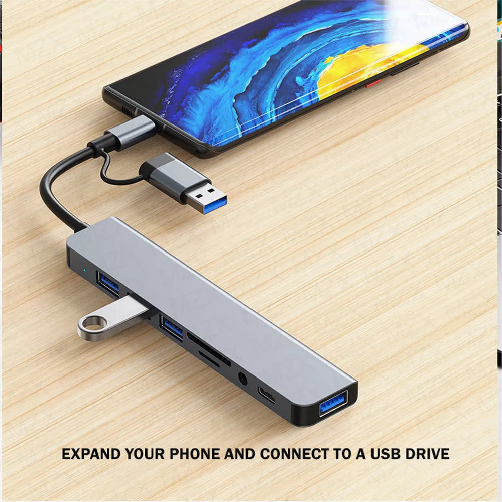 MZX 8 in 1 USB A & Type C Hub Docking Station Multi-Function Adapter with SD/TF Card Reader And Audio for Laptop PC Accessories