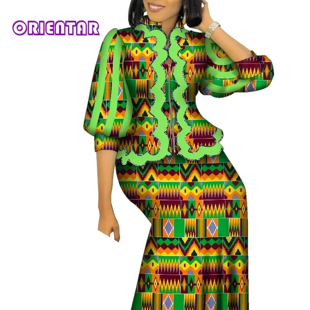 African Outfits for Women Matching 2 Piece Set African Print Puff Sleeve Zipper Top and Long Skirts Suits for Women WY1469