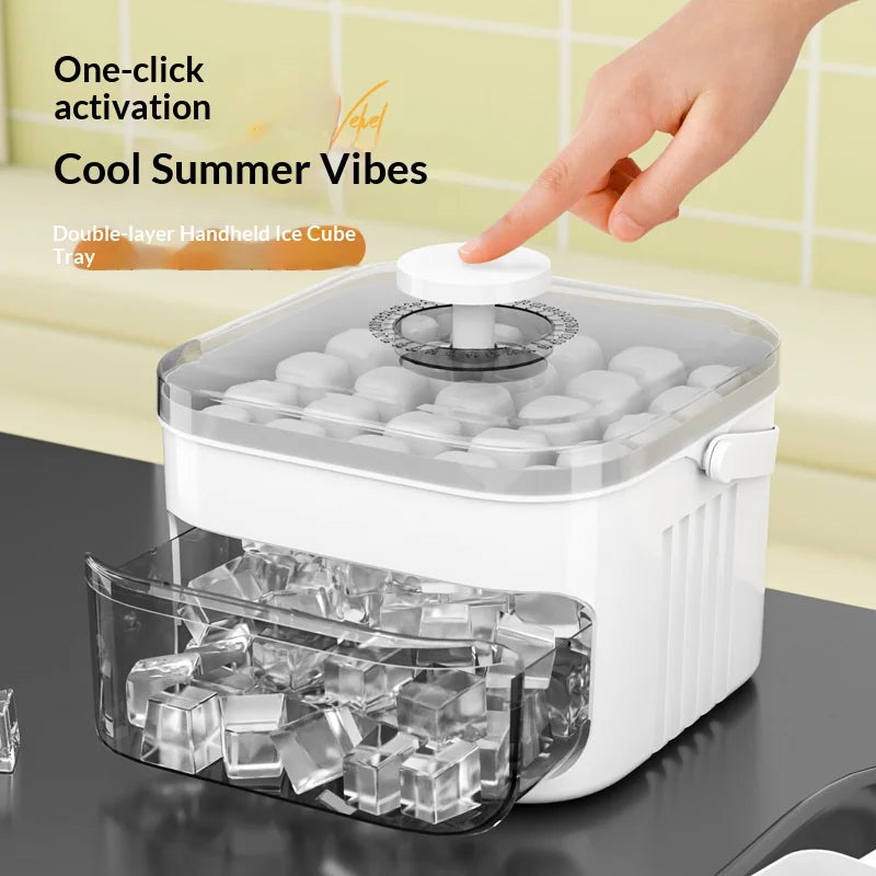 Press-down ice tray, ice cube mold, ice maker, easy-release plastic mold, large-capacity ice bucket for home use.