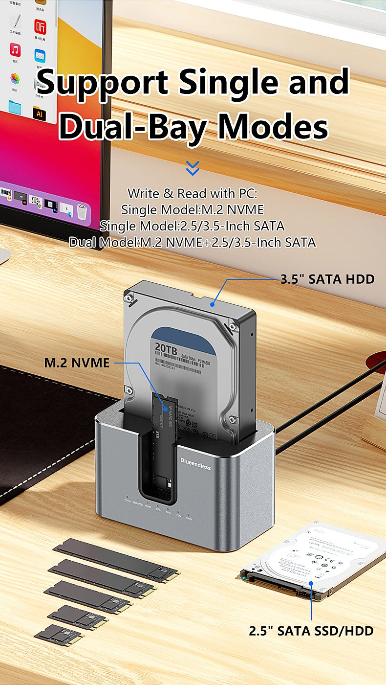 Blueendless offline Clone Function M.2 NVME to SATA 2.5 3.5 2.5/3.5 Inch SSD HDD Duplicator Docking Station Enclosure Adapter