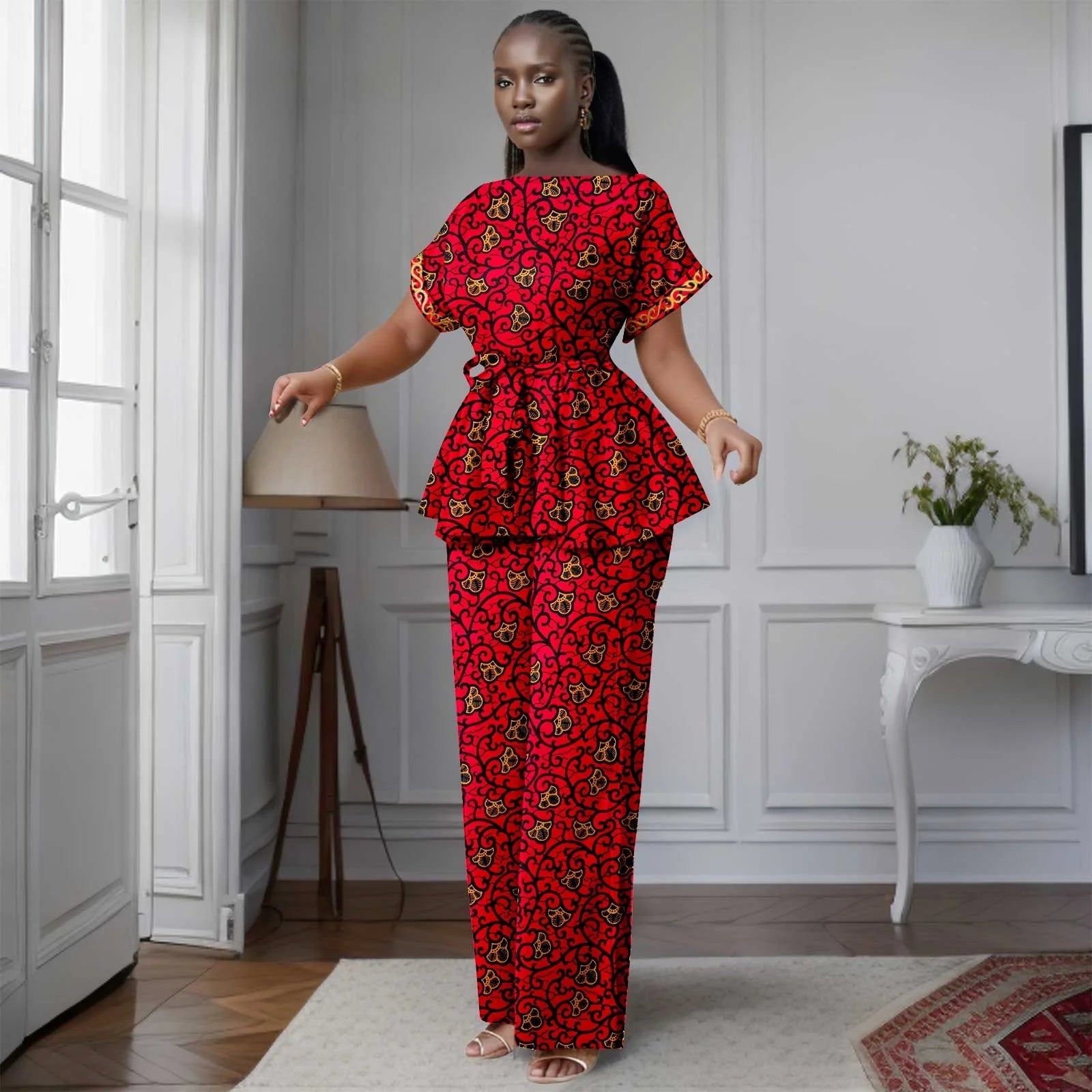 African Women's Printed Ankara Slash Neck Short Sleeve Top Mid-Calf Pants two-piece Set Dashiki Casual Party
