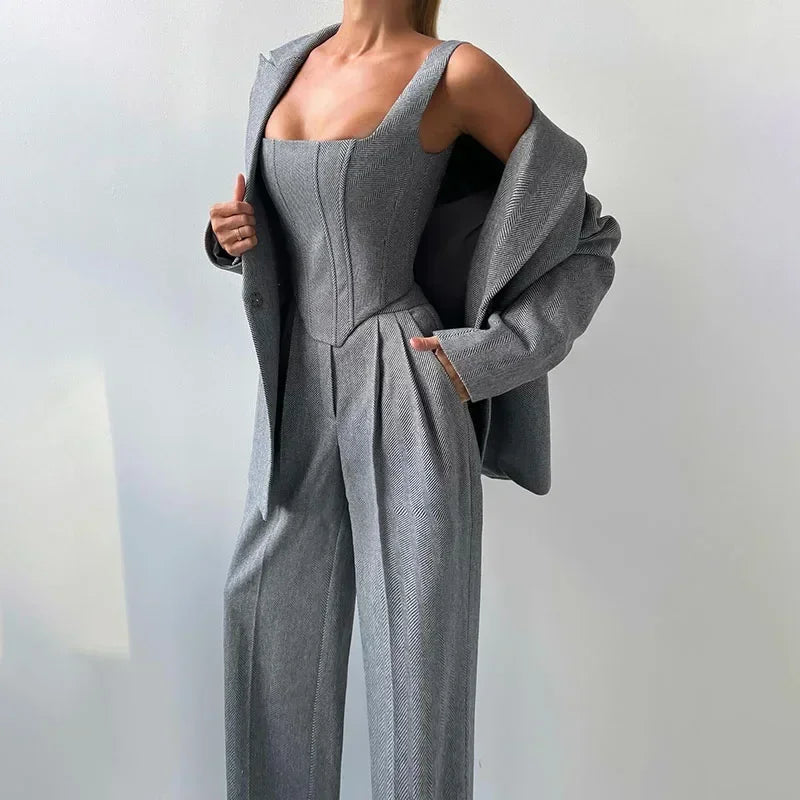 Temperament Fishbone Top Blazer Pants Sets 3 Pieces For Women Solid Jacket Crop Tops High Waist Pocket Pant Lady Office Set 2025