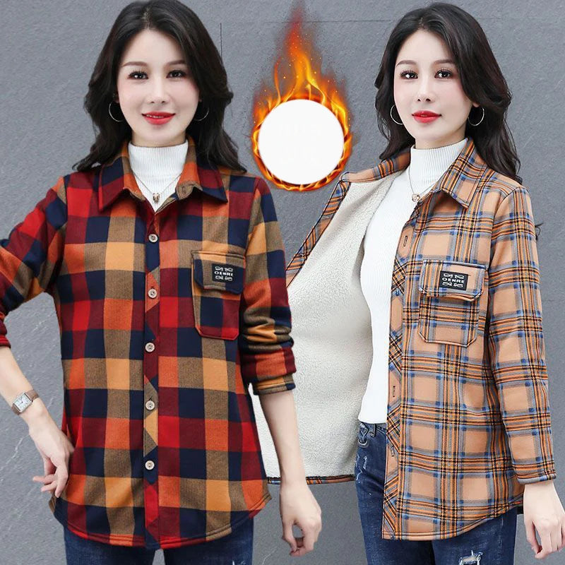 Autumn Winter Fashion Plus Velvet Harajuku Tops Women Loose Casual All Match Outerwear Lattice Shirt Long Sleeve Button Blusa