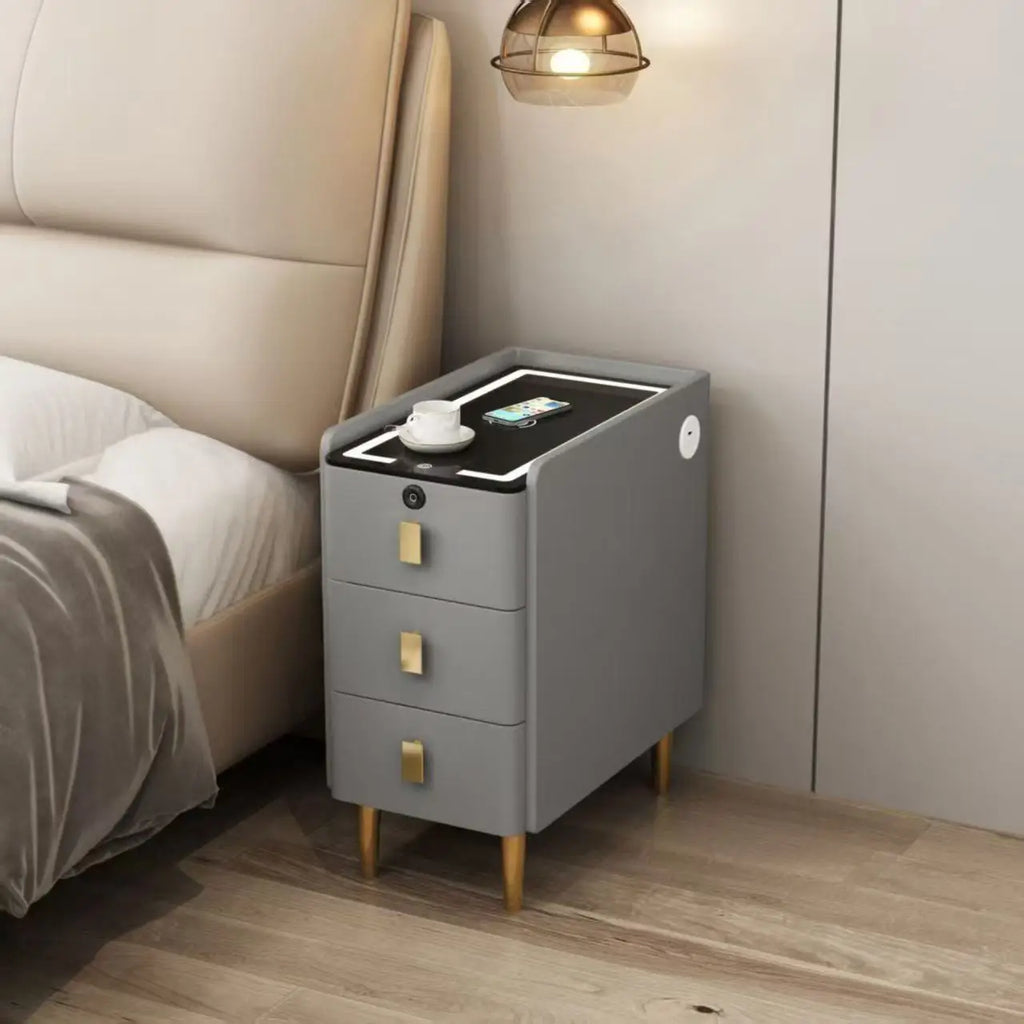 Nordic Style Intelligent Solid Wood Bedside Table Faux Leather 3 Drawers Nightstands with Wireless Charging Side Storage Cabinet
