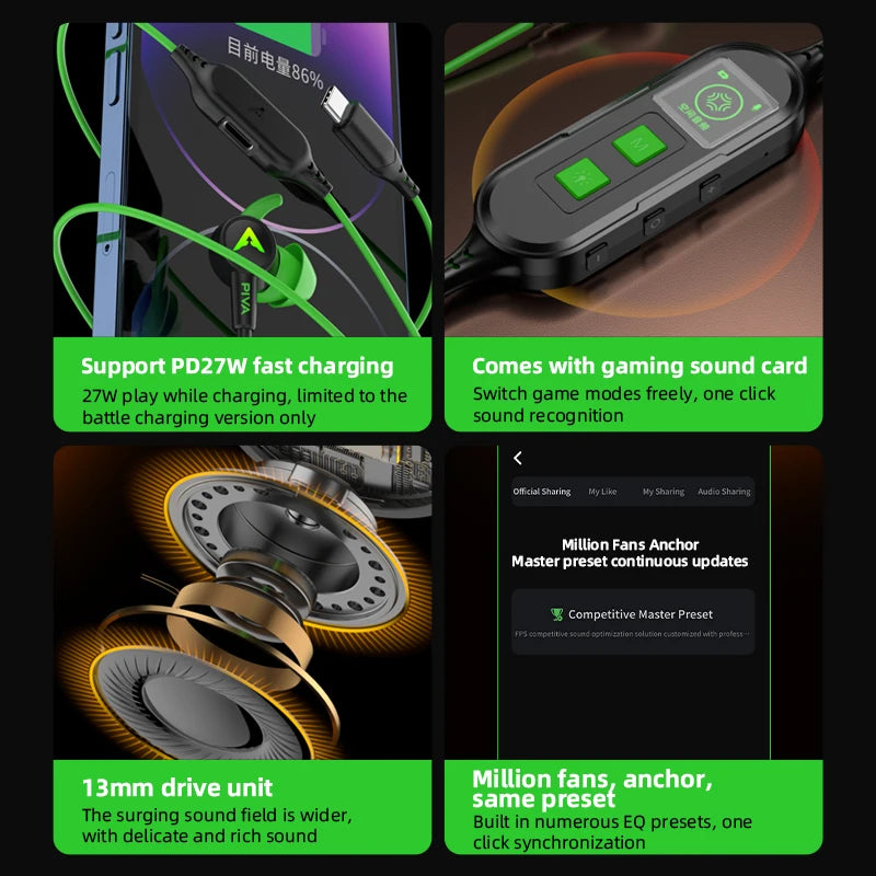 PIVA S6 Pro 13mm Virtual 7.1 Gaming Earphones Type-C 27W PD Fast Charge Built-in Sound Card App for Independent Tuning