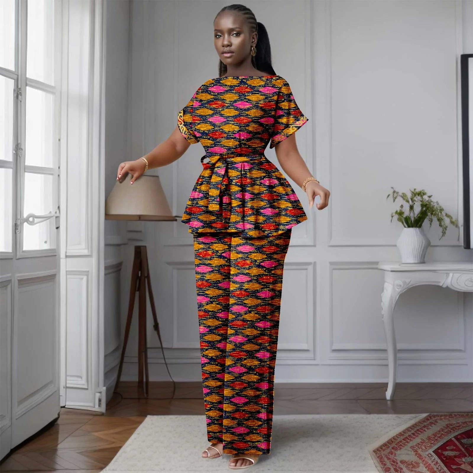African Women's Printed Ankara Slash Neck Short Sleeve Top Mid-Calf Pants two-piece Set Dashiki Casual Party