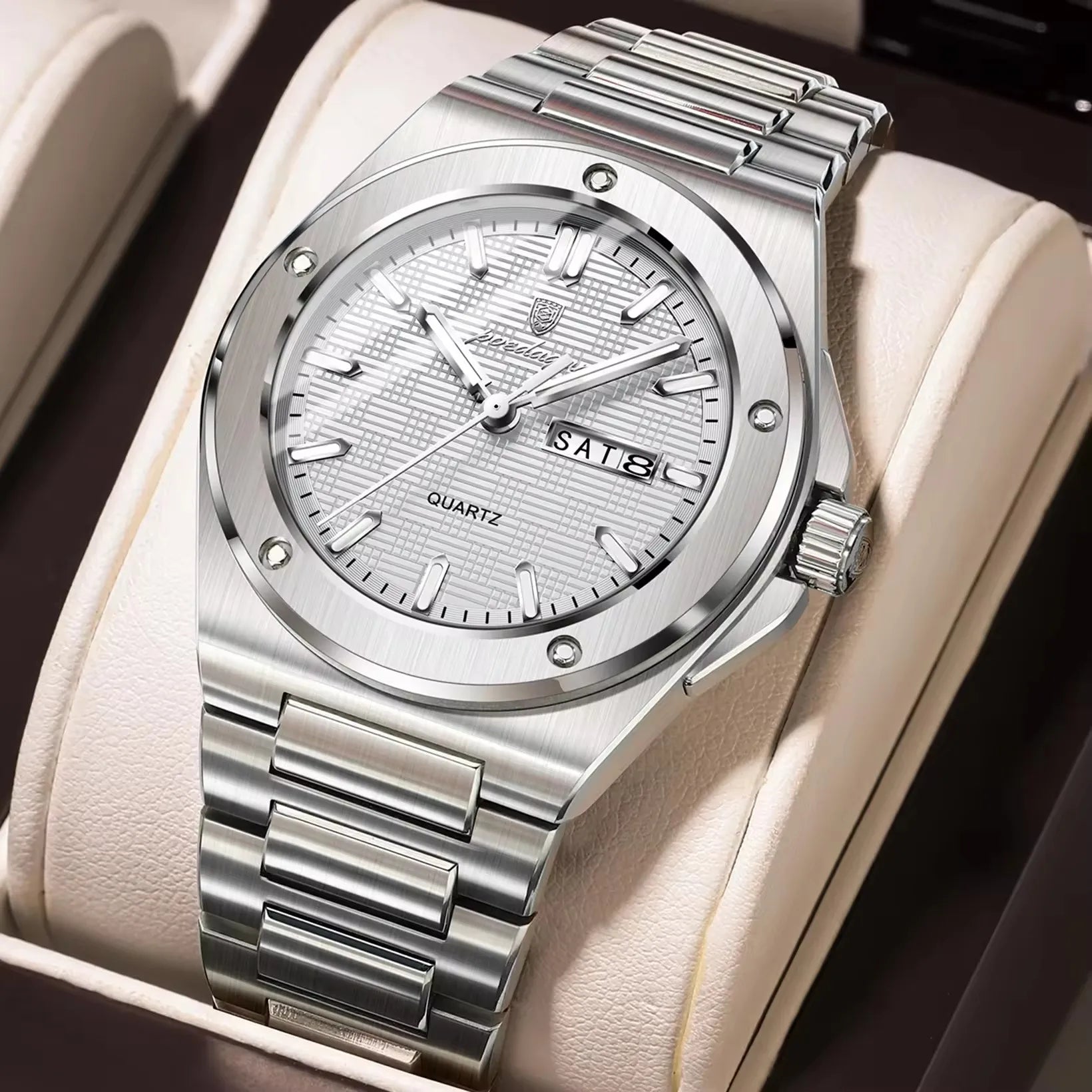 Poedagar 696 Hot Sale Men Stainless Steel Band Quartz Movement Watch Waterproof Fashion Business Luminous Calendar Wristwatch