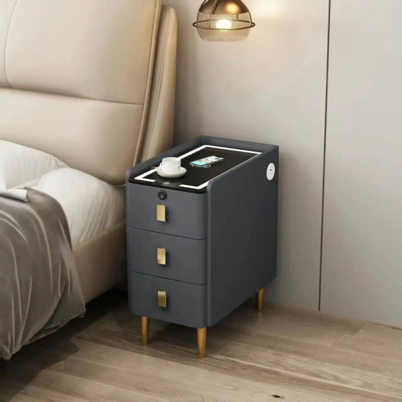 Nordic Style Intelligent Solid Wood Bedside Table Faux Leather 3 Drawers Nightstands with Wireless Charging Side Storage Cabinet