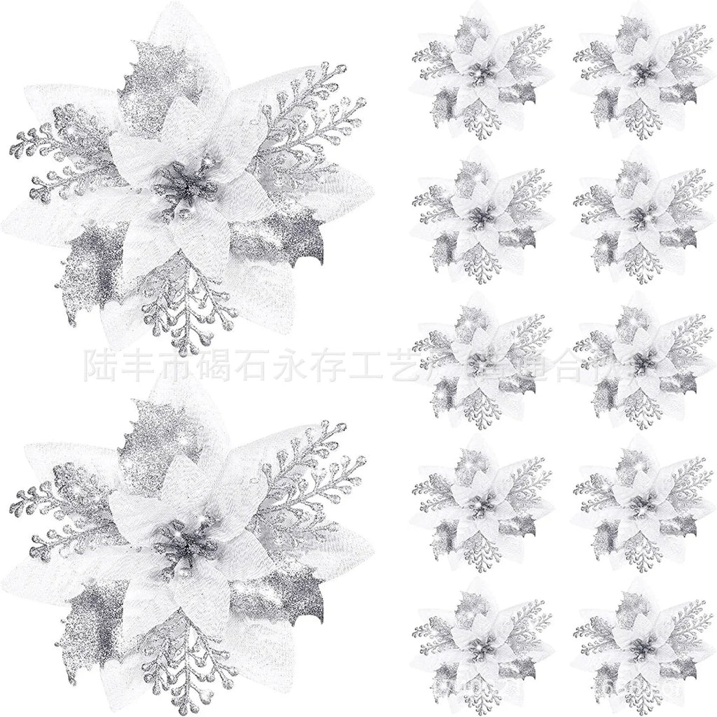 30pcs Glitter Pink Christmas Flowers Xmas Tree 14cm Artifical Flower Ornaments 2023 Merry Christmas Decoration For Home New Year