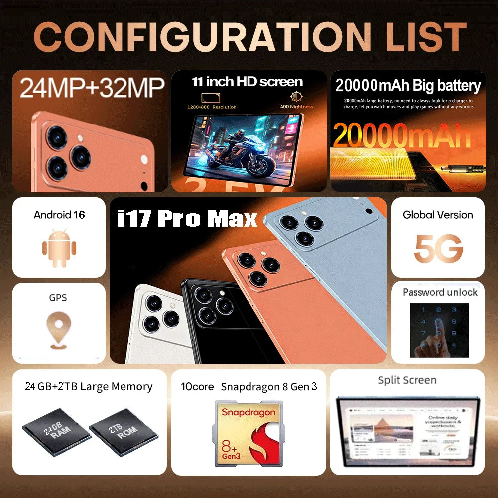 2026 Gobal Version 11Inch IPad 17 Pro Max Tablet Android 16 24Gb Ram 2TB Rom 20000Mah Battery Dual Sim 5G Lte Mini Tab PC