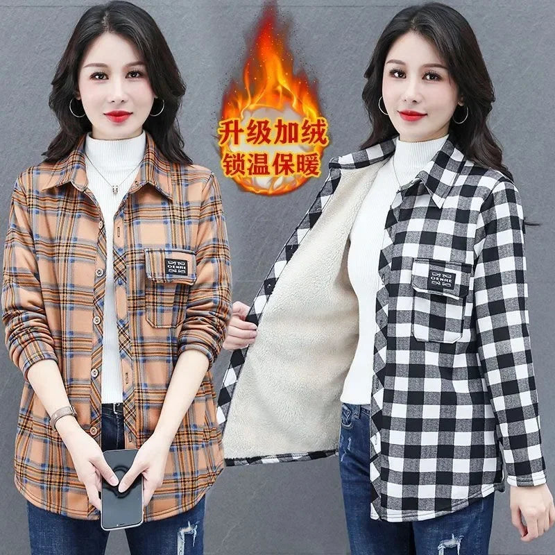 Middle Aged Women Shirt Tops Add Velvet Thicken Warm Plaid Shirt 2026 Spring Autumn Winter Casual Shirt Jacket Bottoming Shirt