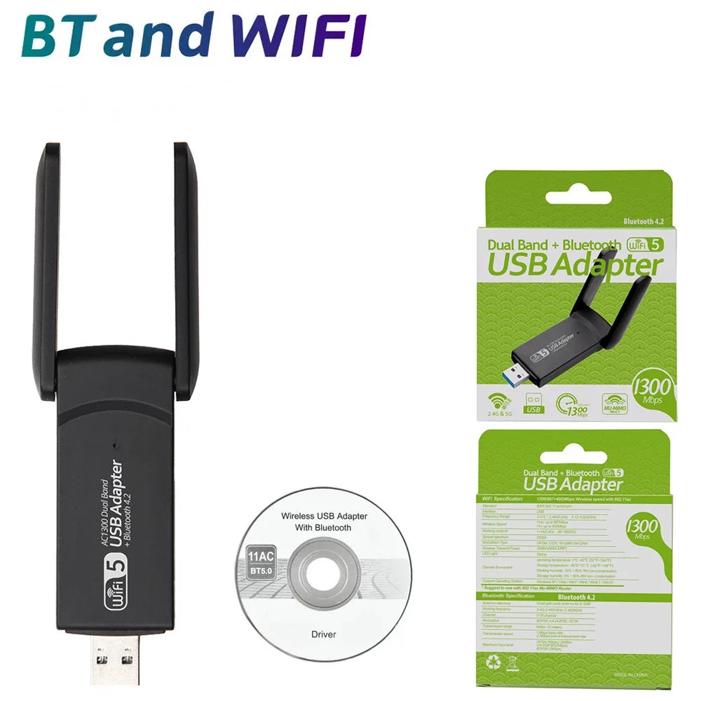 1300Mbps USB WiFi Bluetooth Adapter Dual Band 2.4/5Ghz Wireless Network External Receiver Mini WiFi Dongle for PC/Laptop/Desktop