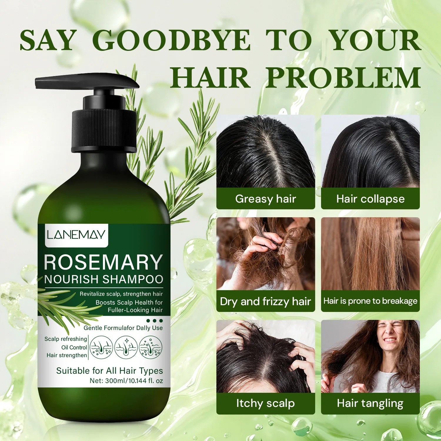 Rosemary  Nourish Shampoo - Enhances volume and thickness, controls oil, nourishes and repairs hair, suitable for all hair types