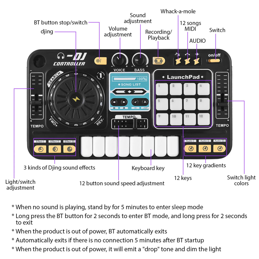 DJ Controller for Kids DJ Disc Player Electronic Keyboard BT DJ Mixer Table with Adjustable Microphone Dynamic Lighting Effects