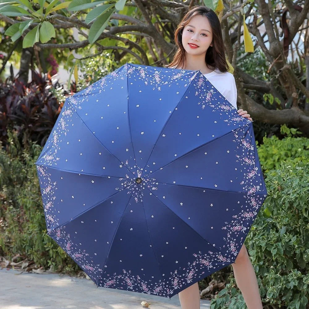 Double Large Umbrella Flower Pattern Rain Umbrellas Anti UV Sun Protection Rain Umbrella Women Folding Portable Travel Parasol