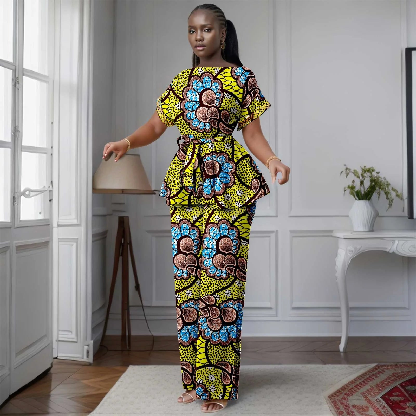 African Women's Printed Ankara Slash Neck Short Sleeve Top Mid-Calf Pants two-piece Set Dashiki Casual Party