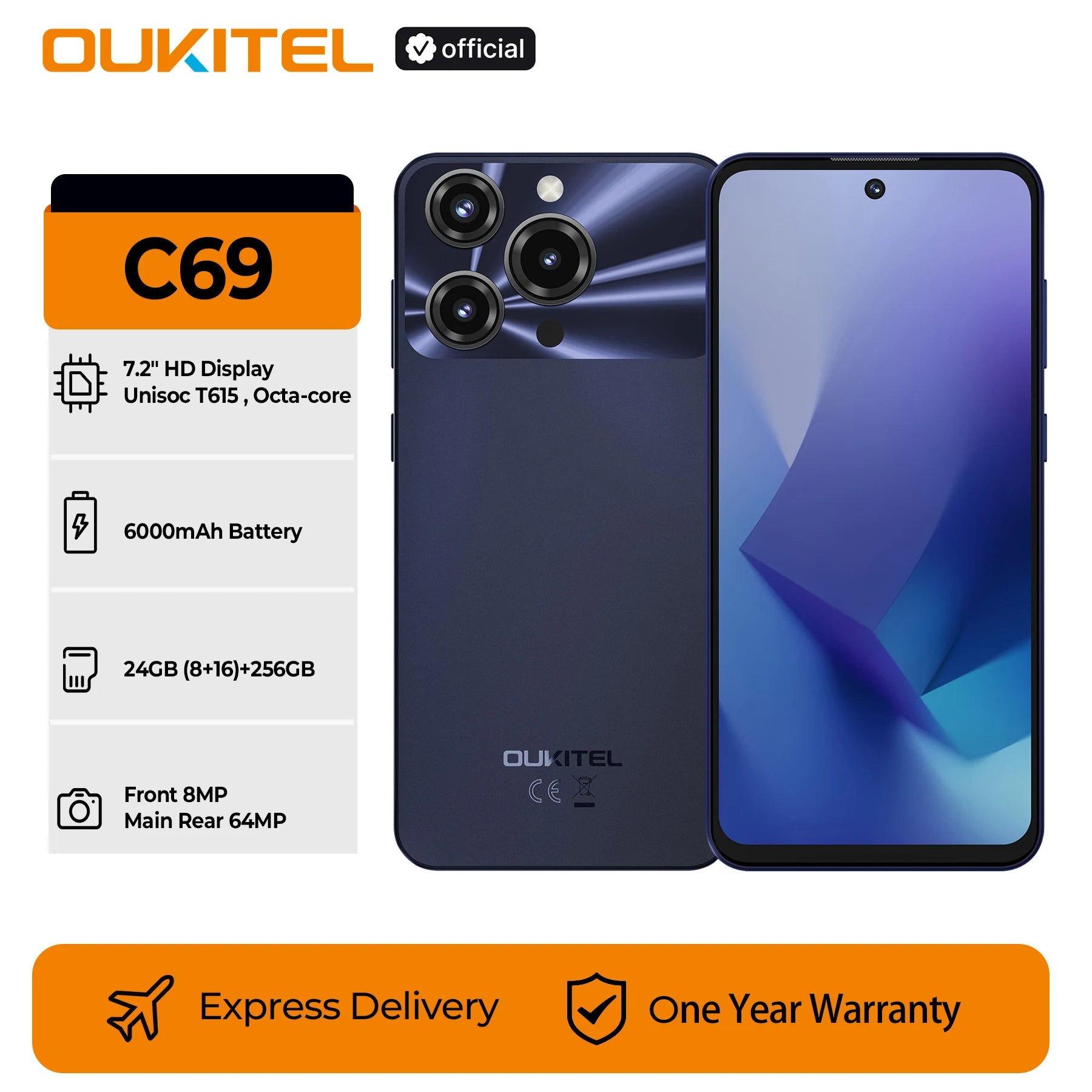 OUKITEL C69 Smartphone 6000mAh, 7.2” HD+ Large Screen 24GB(8+16)+256GB, 64MP Main Camera NFC Cellphone Android 15,120Hz,Dual 4G