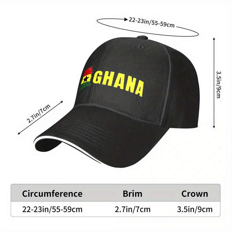 1pc Unisex Baseball Cap, New Style Breathable Black Snapback Hat with Ghana Print for Outdoor Camping, Travel, Running, Yoga, an