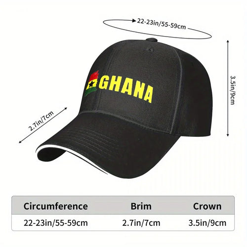 1pc Unisex Baseball Cap, New Style Breathable Black Snapback Hat with Ghana Print for Outdoor Camping, Travel, Running, Yoga, an