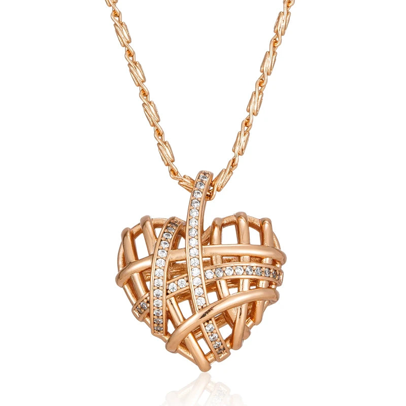 Kinel Unique Hollow Heart Pendant Necklace for Women Natural Zircon With 585 Rose Gold Color Modern Party Wedding Daily Jewelry