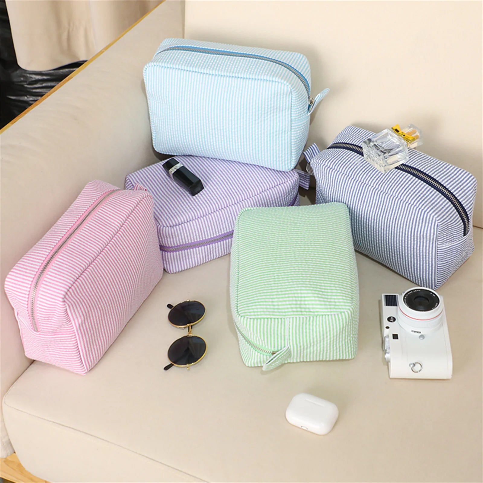 Seersucker Cosmetic Bag For Women Storage Makeup Bags Embroidery Toiletry Bag Bridesmaid Gift