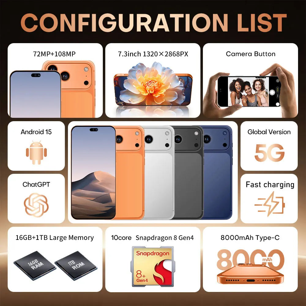 Brand New Mobile Phones For Ai 17 Pro Max Smartphone Android 5G 7.3HD 22G +2TB Dual Card Dual 8000mAh Cell Phone Unlocked