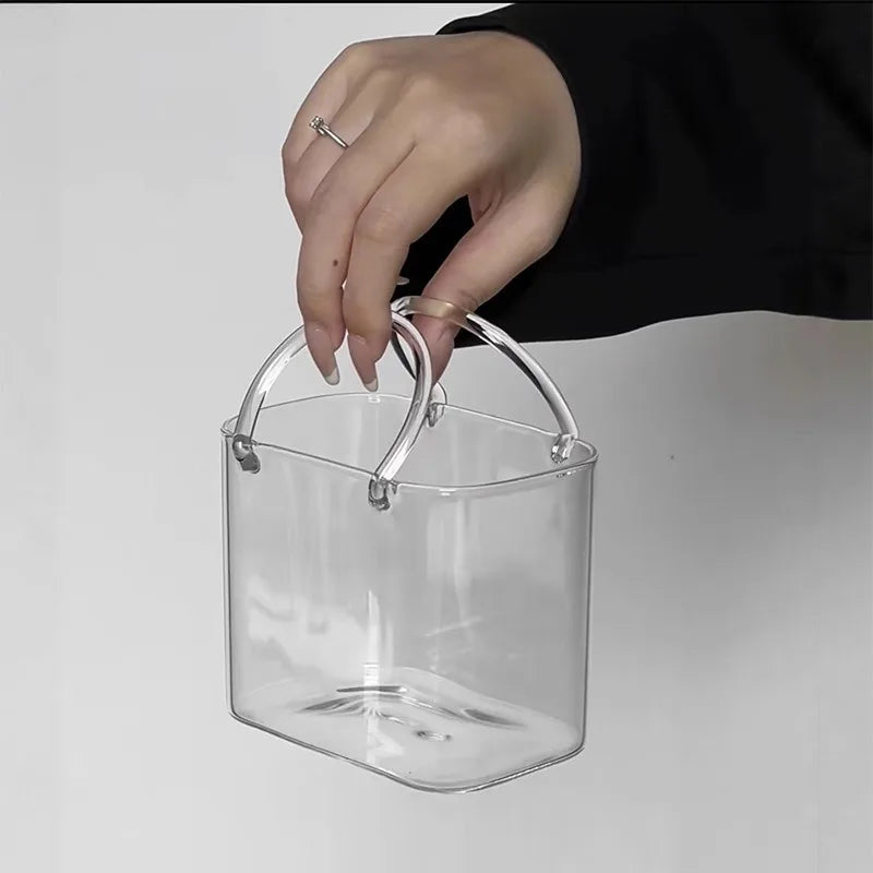Trendy Glass Handbag Drinkware Set - with Tray, Creative Fruit Juice/Cocktail Cup for Bar/Pub, Stylish Bistro Glassware