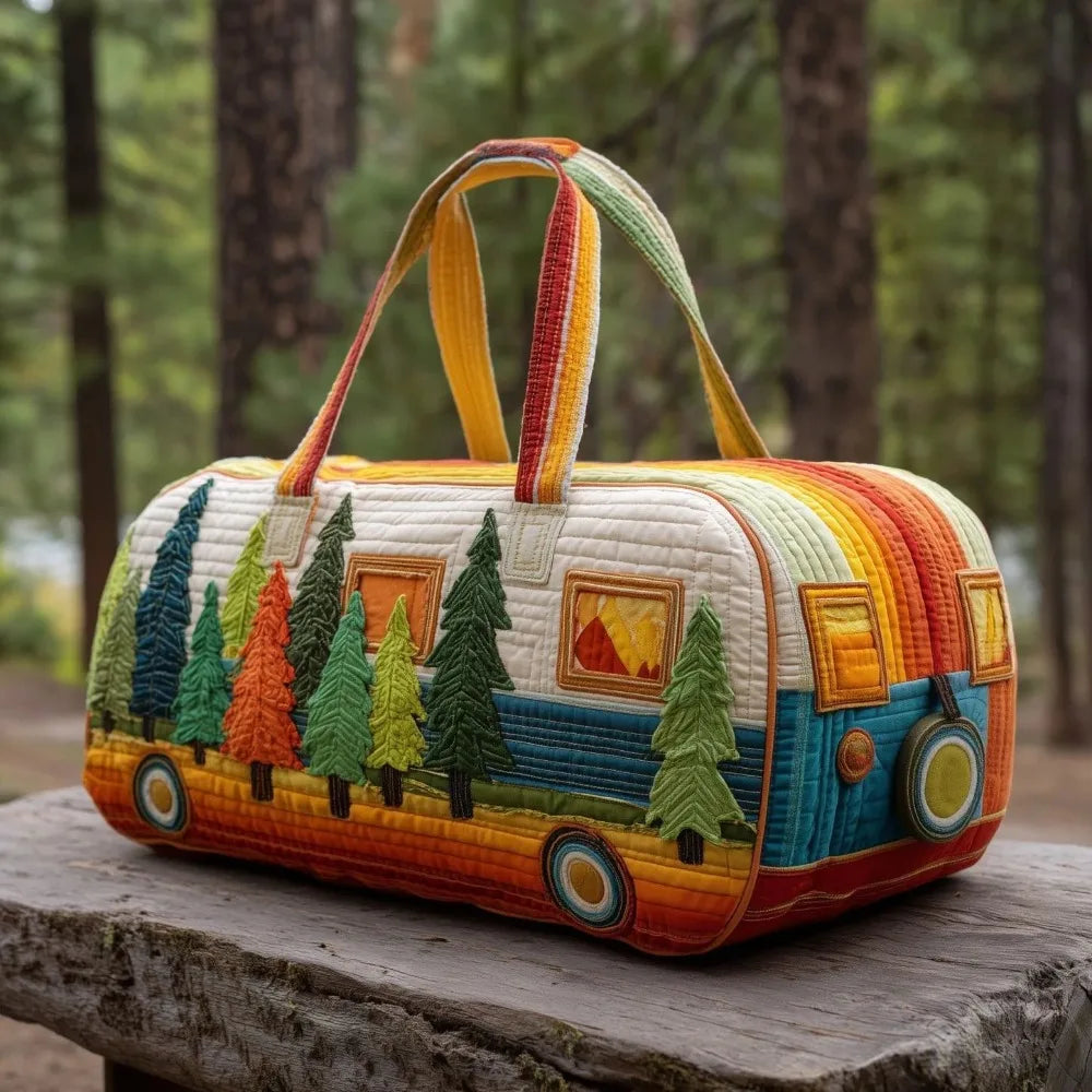 Trendy 3D Quilted Duffle Bag Bus Design Large Capacity Travel Handbag Retro Boho Multifunctional Gym Tote Bag Daily Outings