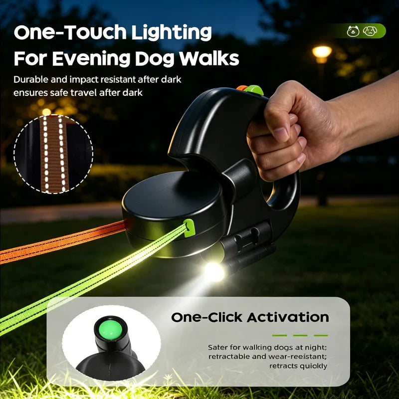 Double-Ended Pet Leash With LED Flashlight One-Hand Operation For Outdoor Walking Automatic Small Medium Dog walkies Lead