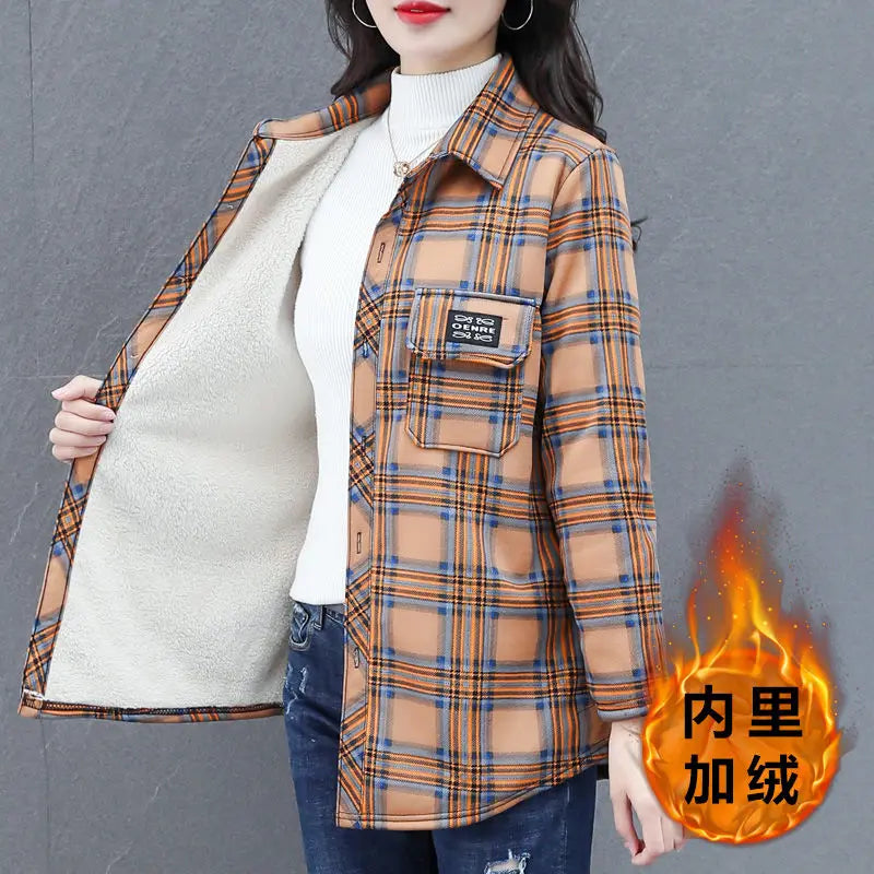 2025 Spring Autumn Winter Women's Warm Shirt Coat New Mother's Female Shirt With Plush Thickened Ladies Sanded Thick Jacket