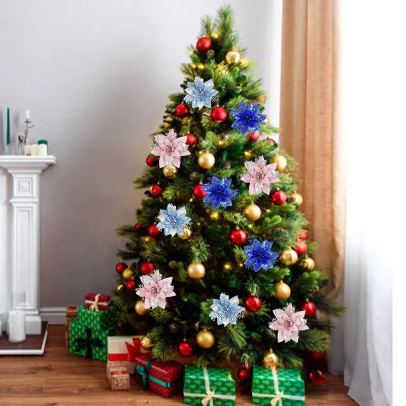 Glitter Artifical Christmas Flowers Mreey Christmas Tree Decoration Happy New Year Ornaments Xmas Fake Flowers Natal