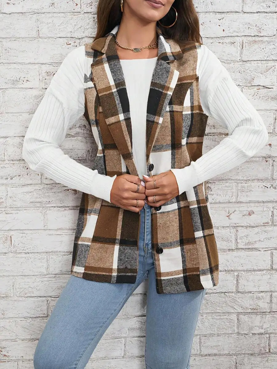 Women's Plaid Lapel Vest Jacket, Casual Longline Blazer with Button Closure
