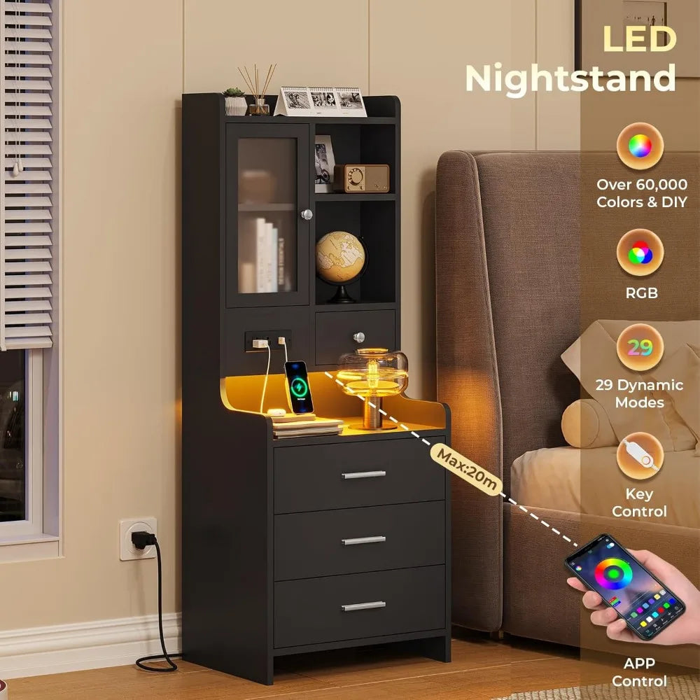 contemporary 49.2" led-lit nightstand with charging port and storage shelf