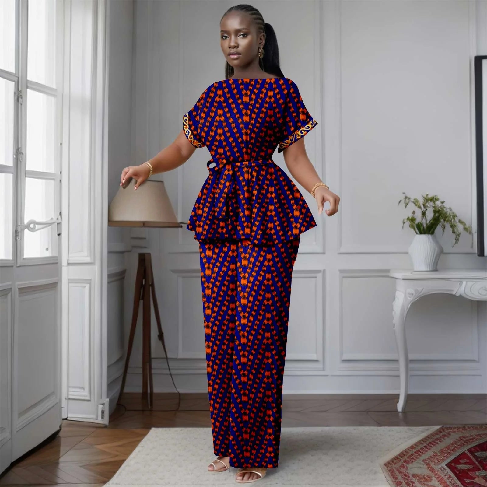 African Women's Printed Ankara Slash Neck Short Sleeve Top Mid-Calf Pants two-piece Set Dashiki Casual Party