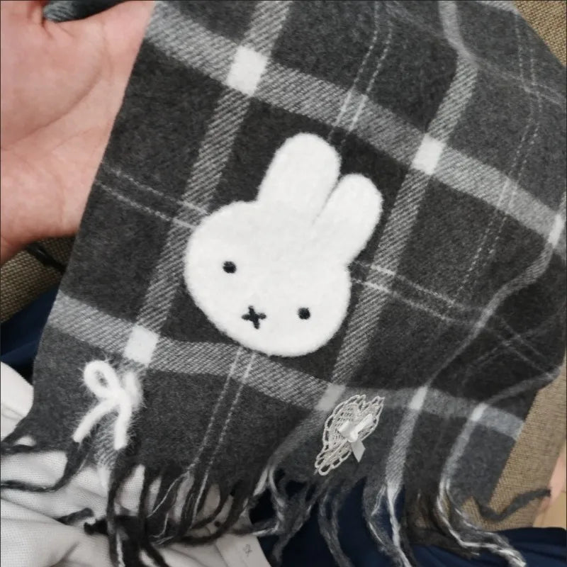 Miffy Black Checkered Scarf Autumn Winter Warm Versatile Cute Scarf for Women Girl Fashion Cotton Stoles Scarf Christmas Gifts
