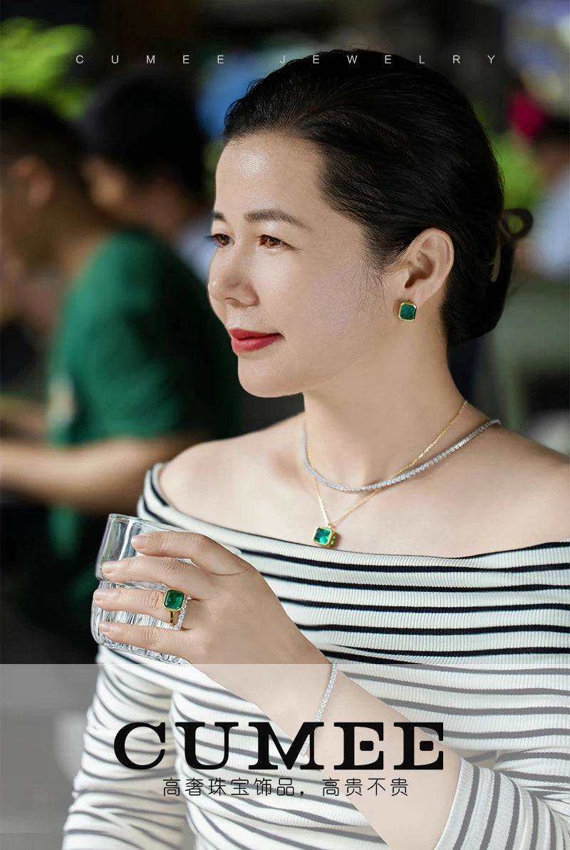 CUMEE 925 Silver Jewelry set Personalized, Cultivated Synthetic Emerald Earring for Women Jewelry , 18K Yellow Gold-plated