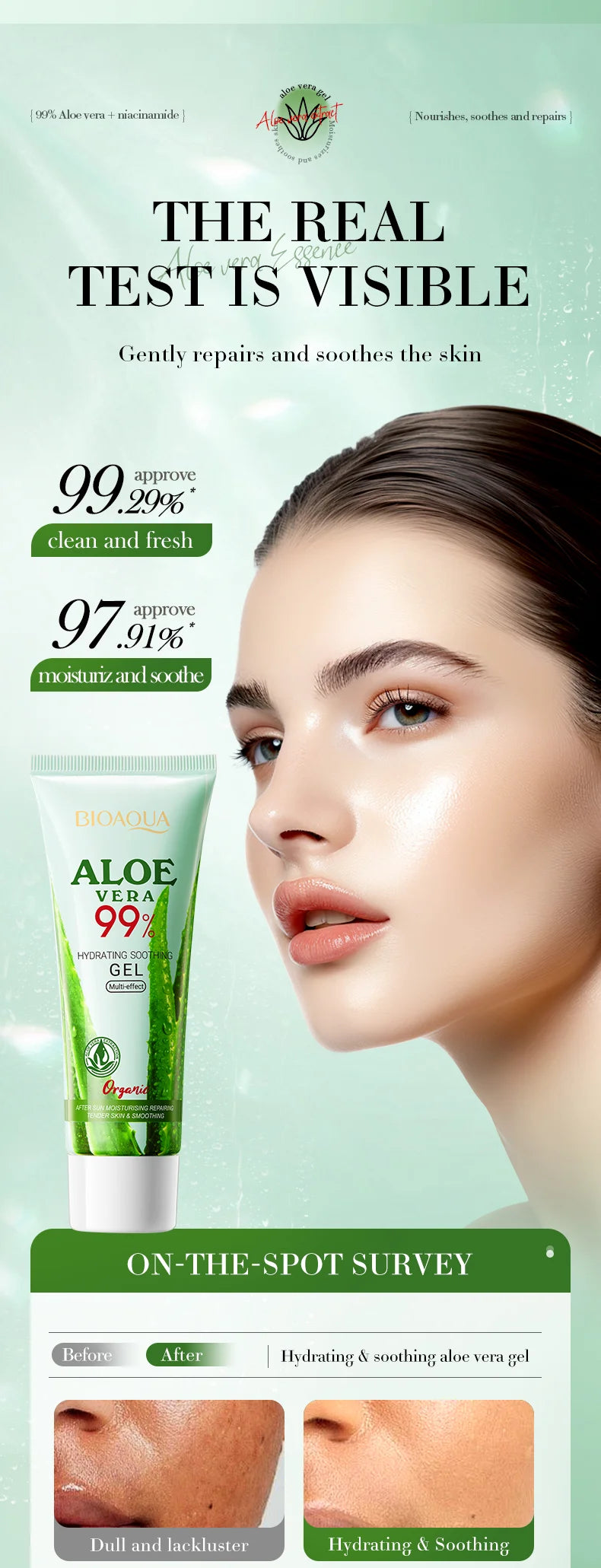 BIOAOUA Hydrating Soothing Natural Aloe Vera Gel Repairing Sunburn Moisturizing Skin Repairing Skin Care Facial Care