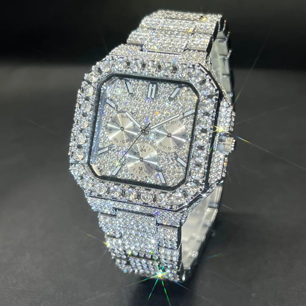 MISSFOX Luxury Diamond Quartz Watch for Men Square Dial Calendar Hip Hop lced Out GoldWristwatch Mens Fashion Accessory 2025