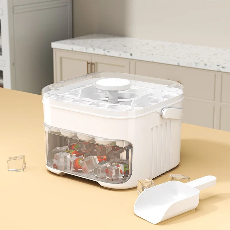 Press-down ice tray, ice cube mold, ice maker, easy-release plastic mold, large-capacity ice bucket for home use.