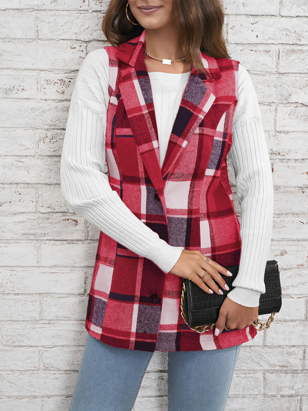 Europe America Hot selling women's elegant commuting lapel single breasted multicolored plaid spring and autumn vest