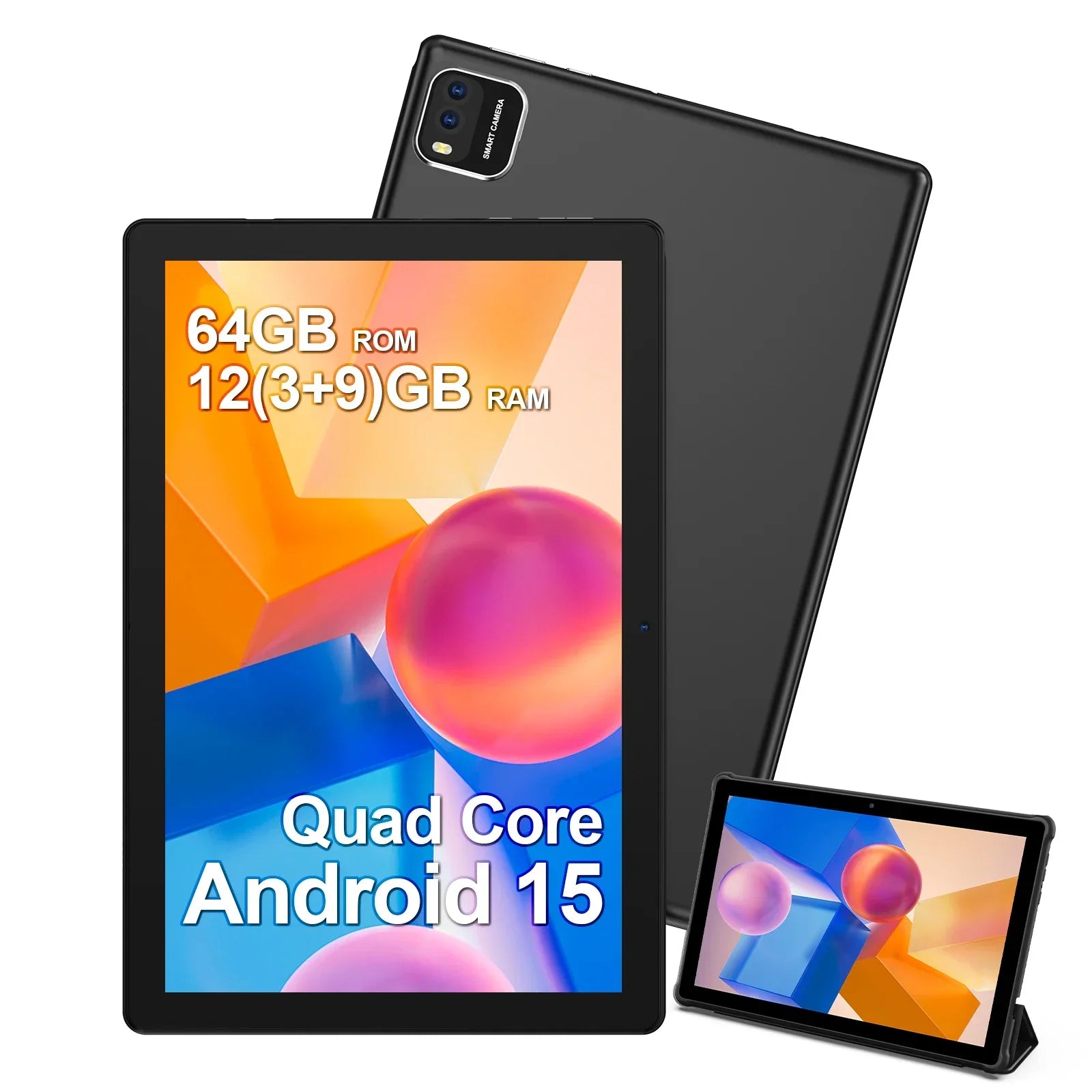 BAKEN Android 15 tablet, 10-inch, 12 (3+9)GB RAM + 64GB ROM, quad-core, 6000mAh battery, includes a free protective case