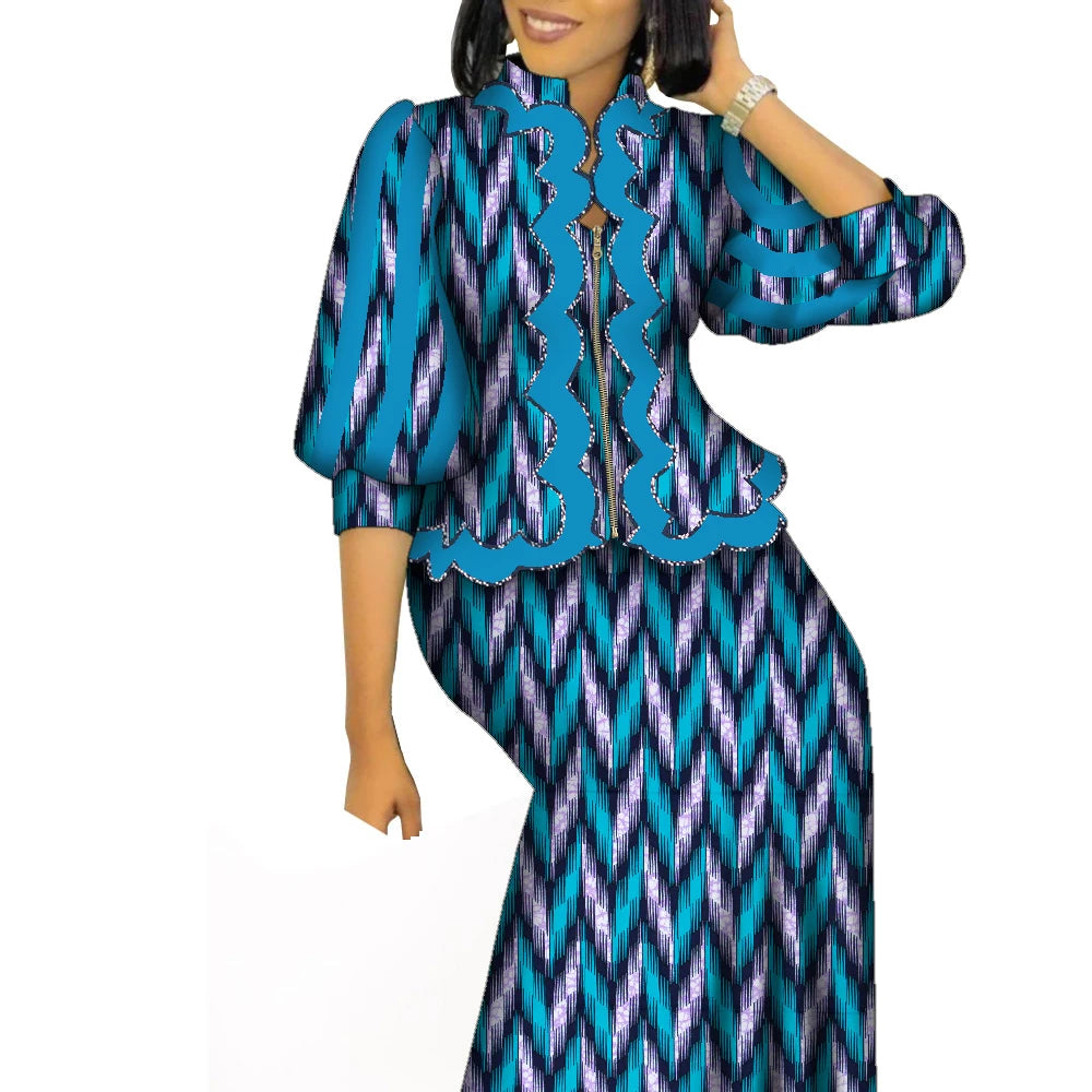 African Outfits for Women Matching 2 Piece Set African Print Puff Sleeve Zipper Top and Long Skirts Suits for Women WY1469