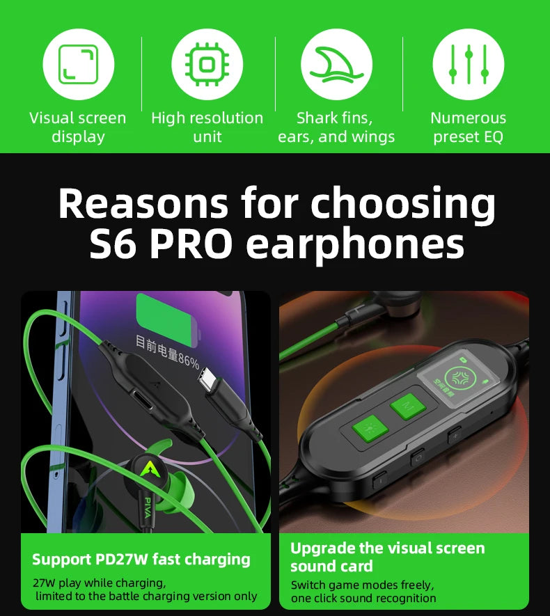 PIVA S6 Pro 13mm Virtual 7.1 Gaming Earphones Type-C 27W PD Fast Charge Built-in Sound Card App for Independent Tuning