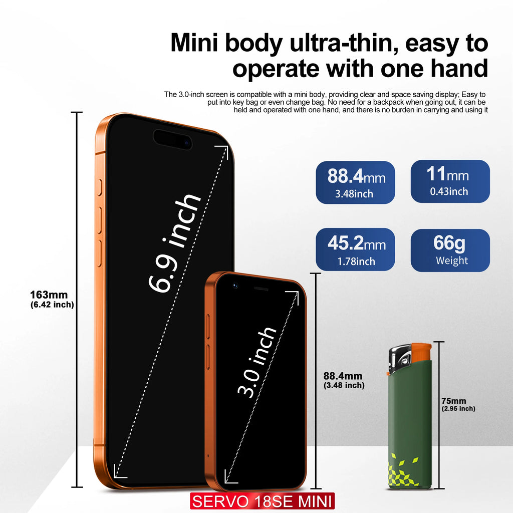SERVO 18SE Mini Smartphone Android OS 3.0" Fullview Display 3G Cellular 2GB+16GB Face Unlock Small Mobile Phones GPS Play Store