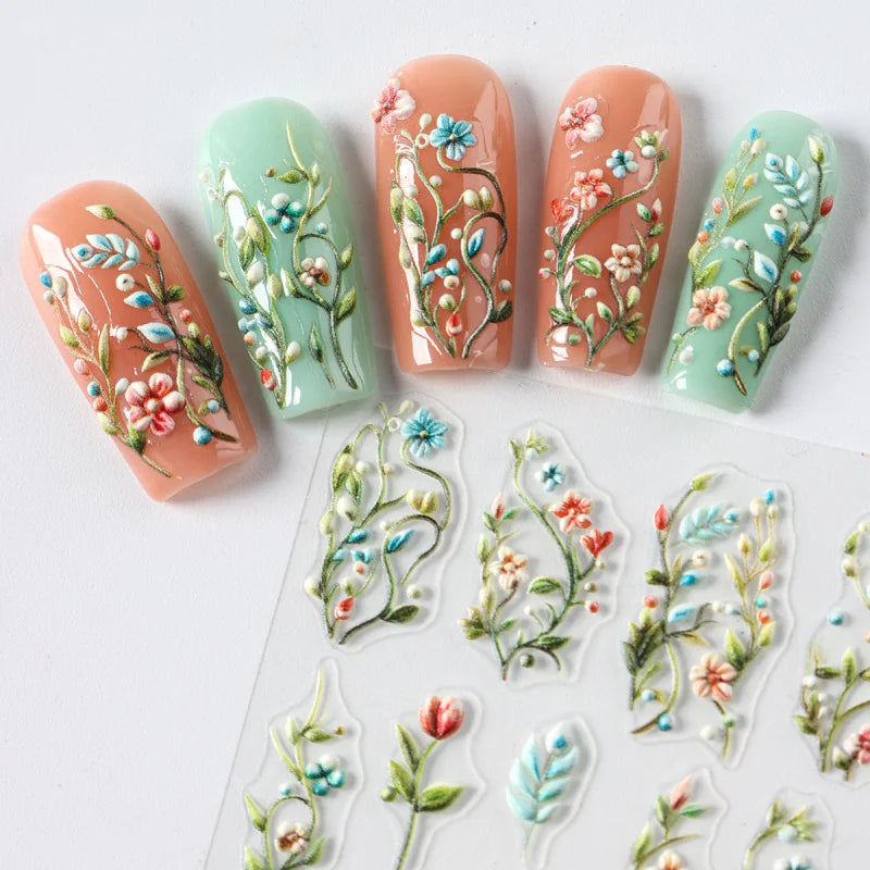5D Daisy Embossed Nail Stickers Spring Fresh Floral Designs Acrylic Five-Petal Flower Self-Adhesive Nail Art Decals Decorations