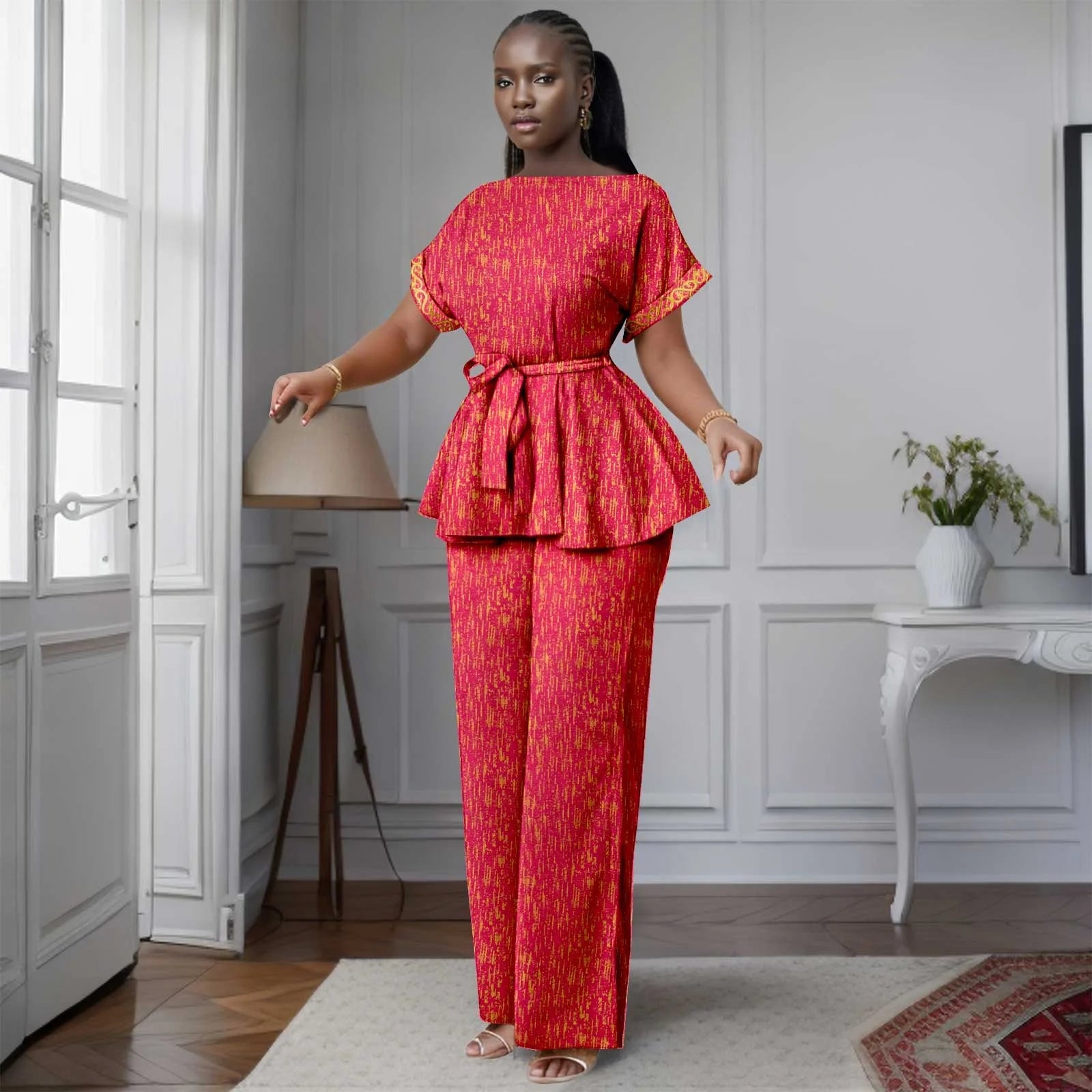African Women's Printed Ankara Slash Neck Short Sleeve Top Mid-Calf Pants two-piece Set Dashiki Casual Party