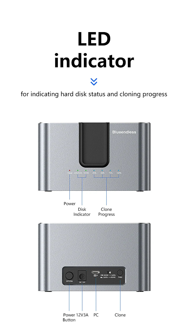 Blueendless offline Clone Function M.2 NVME to SATA 2.5 3.5 2.5/3.5 Inch SSD HDD Duplicator Docking Station Enclosure Adapter