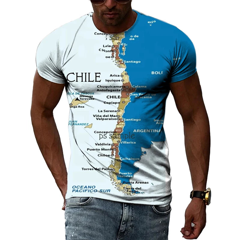 Summer T-shirts For Man 3D Print Hip Hop Harajuku Personality Round Neck Short Sleeve Fashion Natural Scenery Chile map and flag