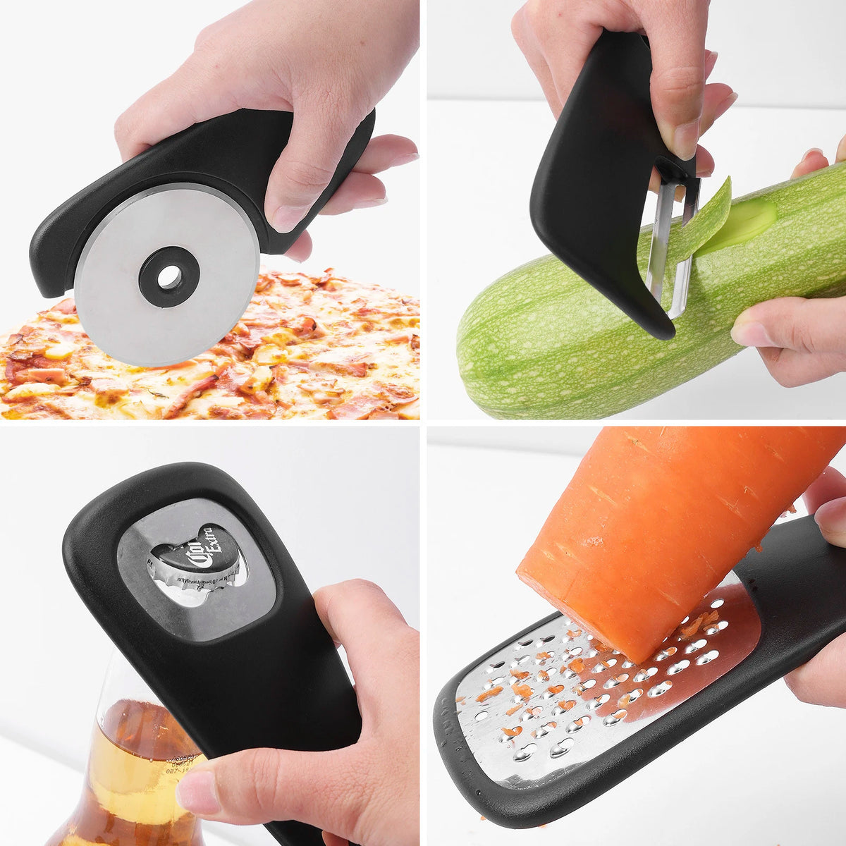 7 In 1 Kitchen Gadgets with Pizza Cutter Vegetable Peeler Bottle Opener Cheese Grater Herb Stripper Garlic Grinder and Brush