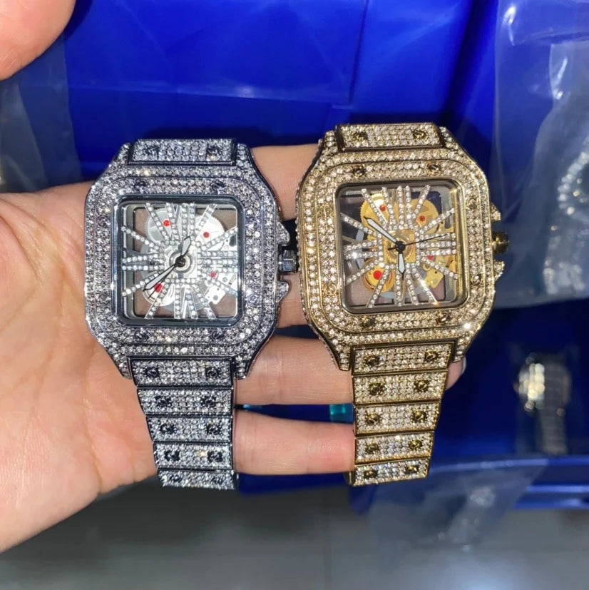 THE BLING KING Iced Out Men Watch Square Dial Quartz Luxury Brand Automatic Wrist Watches Skeleton Clock Hiphop Relogio